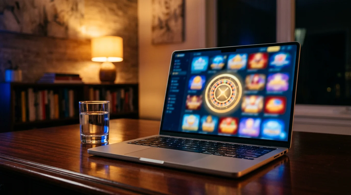 Ilustrační snímek digitálního herního lobby online kasina zobrazeného na obrazovce moderního notebooku
